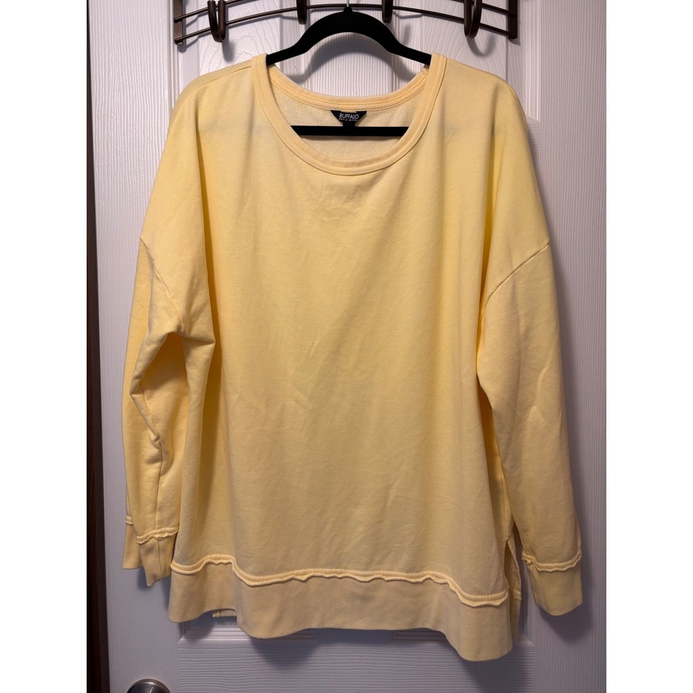Buffalo David Bitton Womens XL Yellow Raw Edge French Terry Sweatshirt Pullover